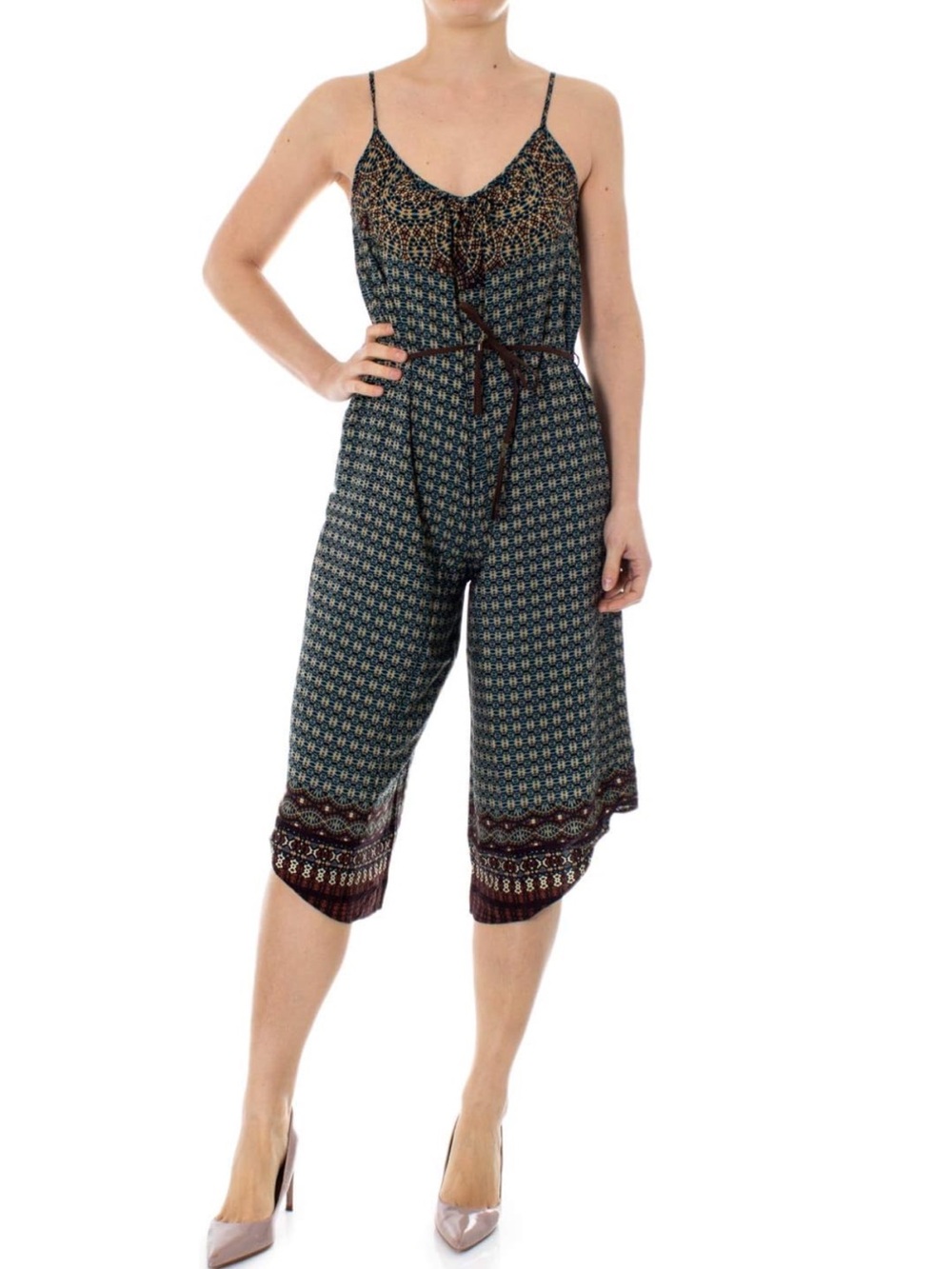 Desigual Rasha Boho Geometric Print Cropped Wide Leg Jumpsuit Romper Large